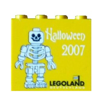 Brick 2 × 4 × 3 with 'LEGOLAND Deutschland Halloween 2007', Skeleton Minifig Print Gelb