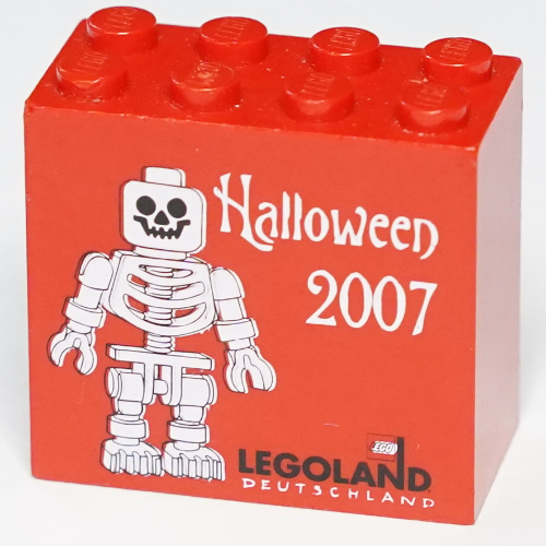 Brick 2 × 4 × 3 with 'LEGOLAND Deutschland Halloween 2007', Skeleton Minifig Print Red