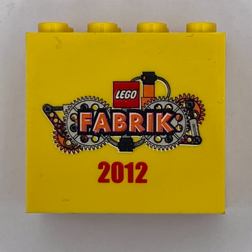 Stein 2 × 4 × 3 mit 'LEGO FABRIK 2012' Druck Gelb