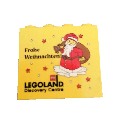 Brick 2 × 4 × 3 with 'LEGOLAND Discovery Centre Frohe Weihnachten and Santa Claus' Print Yellow