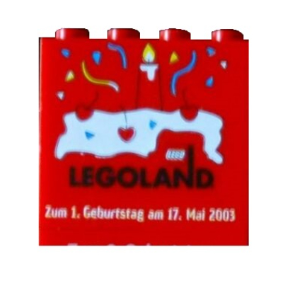 Brick 2 × 4 × 3 with 'LEGOLAND' 'Zum 1. Geburtstag am 17. Mai 2003' Print Rot