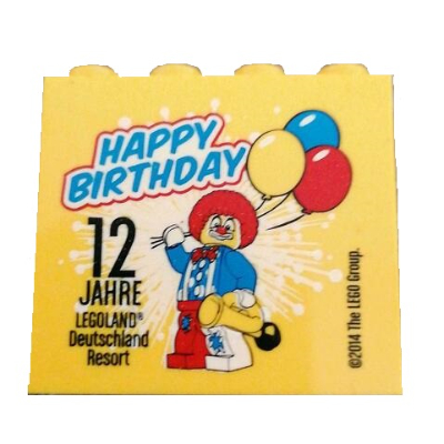 Brick 2 × 4 × 3 with 'LEGOLAND Deutschland Resort HAPPY BIRTHDAY 12 JAHRE' Print Yellow