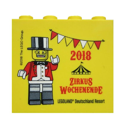 Brick 2 × 4 × 3 with 'LEGOLAND Deutschland Resort 2018 ZIRKUS WOCHENENDE' Print Gelb