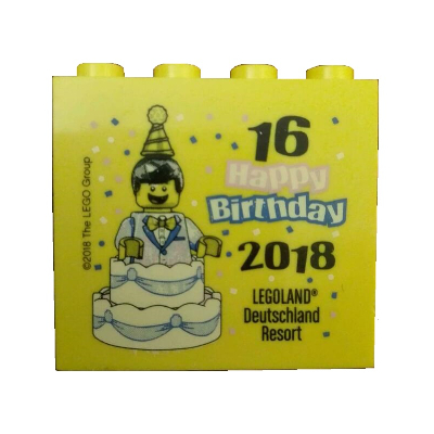 Brick 2 × 4 × 3 with 'LEGOLAND Deutschland Resort 16 Happy Birthday 2018' Print Gelb