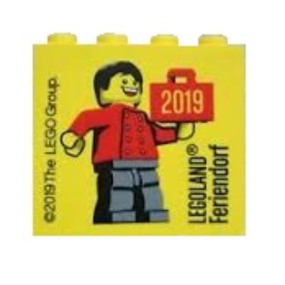 Brick 2 × 4 × 3 with 'LEGOLAND Feriendorf 2019' Print Yellow