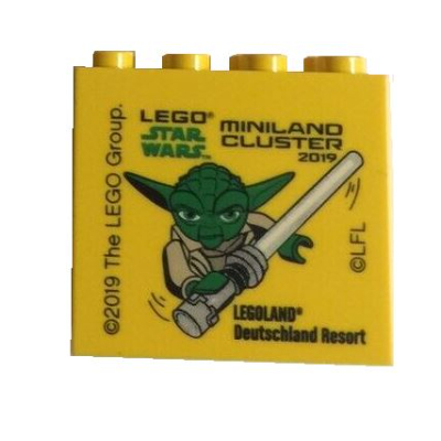 Brick 2 × 4 × 3 with 'LEGOLAND Deutschland Resort LEGO STAR WARS MINILAND CLUSTER 2019' Print Gelb