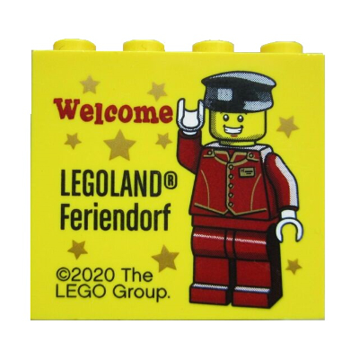 Brick 2 × 4 × 3 with 'LEGOLAND Feriendorf Welcome' Print Yellow