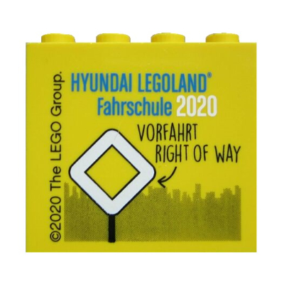 Brick 2 × 4 × 3 with 'HYUNDAI LEGOLAND Fahrschule 2020 VORFAHRT RIGHT OF WAY' Print Gelb