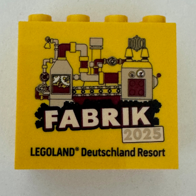 Brick 2 × 4 × 3 with 'LEGOLAND Deutschland Resort FABRIK 2025' print Yellow