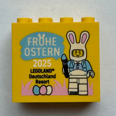 Brick 2 × 4 × 3 with 'FROHE OSTERN 2025 LEGOLAND Deutschland Resort' print Yellow