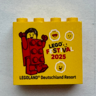 Brick 2 × 4 × 3 with 'LEGO FESTIVAL 2025 LEGOLAND Deutschland Resort' and Red Brick Suit Guy Minifigure print Yellow