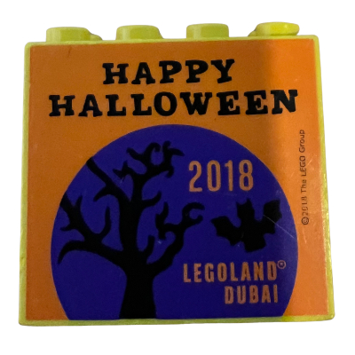Brick 2 × 4 × 3 with 'LEGOLAND Dubai 2018 HAPPY HALLOWEEN' print Yellow