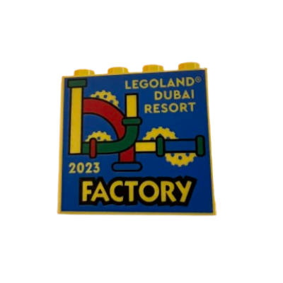 Brick 2 × 4 × 3 with 'LEGOLAND Dubai Resort 2023 Factory' print Gelb