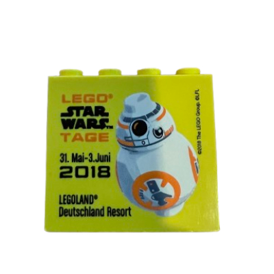 Brick 2 × 4 × 3 with 'Legoland Deutschland Resort', 'LEGO Star Wars Tage 31. Mai - 3. Juni 2018' print Yellow