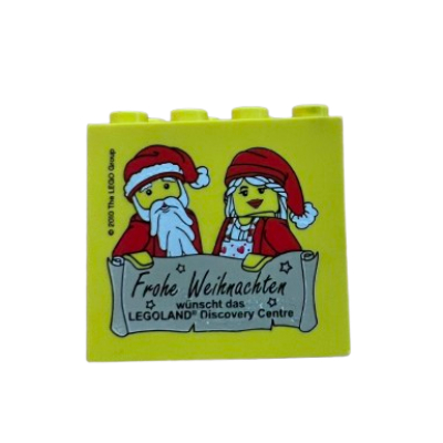 Brick 2 × 4 × 3 with 'Frohe Weihnachten wünscht das Legoland Discovery Centre' print Yellow