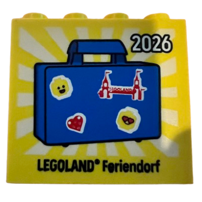 Brick 2 × 4 × 3 with '2026 LEGOLAND Feriendorf', Blue Suitcase print Yellow