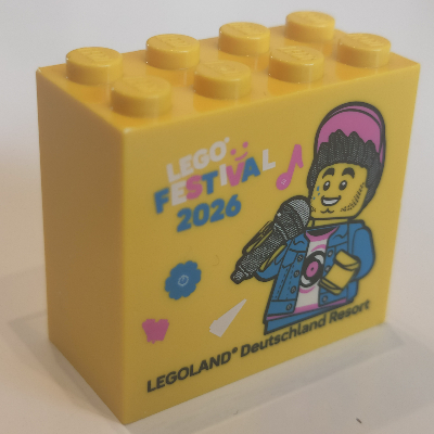 Brick 2 × 4 × 3 with 'LEGO FESTIVAL 2026 LEGOLAND Deutschland Resort' print Gelb