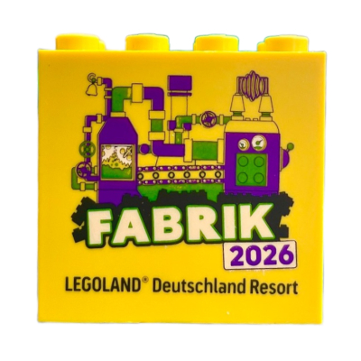 Brick 2 × 4 × 3 with 'LEGOLAND Deutschland Resort FABRIK 2026' print Yellow