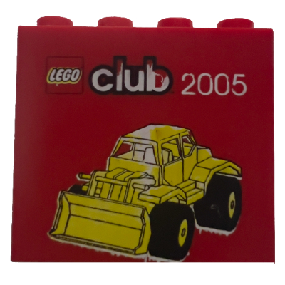 Brick 2 × 4 × 3 with 'Lego Club 2005 - Yellow bulldozer' print Red