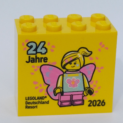 Brick 2 × 4 × 3 with '24 Jahre LEGOLAND Deutschland Resort 2026' Print Yellow