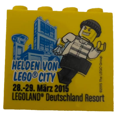 Brick 2 × 4 × 3 with 'Helden von Lego City 28.-29. Marz 2015 Legoland Deutschland Resort' Print Yellow