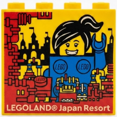 Brick 2 × 4 × 3 with 'LEGOLAND Japan Resort', Red Machine and Blue Brick Costume Print Yellow
