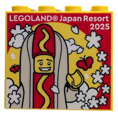 Brick 2 × 4 × 3 with 'LEGOLAND Japan Resort 2025', Hot Dog Costume and Cherry Blossom Flowers print Yellow