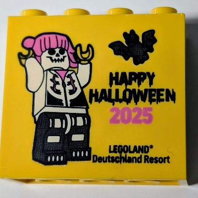 Brick 2 × 4 × 3 with 'Legoland Deutschland Resort HAPPY HALLOWEEN 2025' Print Gelb