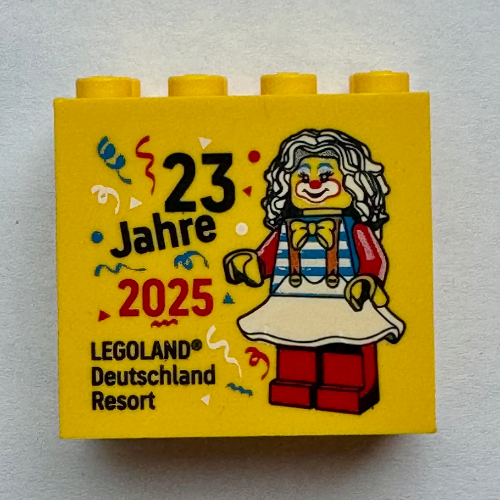 Brick 2 × 4 × 3 with '23 Jahre 2025 LEGOLAND Deutschland Resort' Yellow