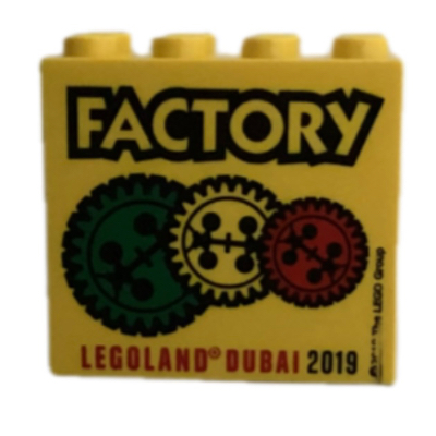 Brick 2 × 4 × 3 with 'LEGOLAND DUBAI FACTORY 2019', Gears print Yellow