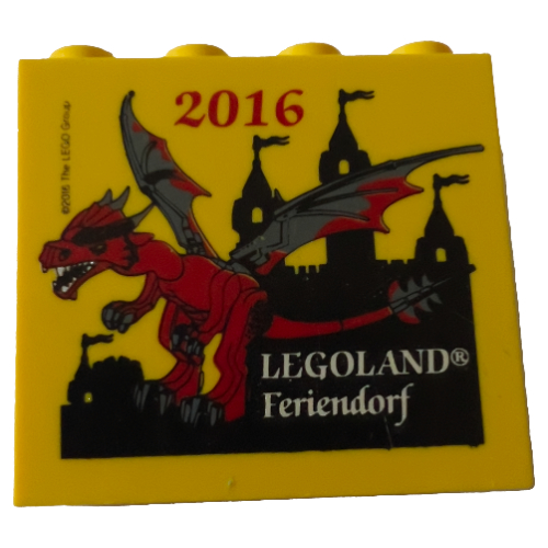 Brick 2 × 4 × 3 with 'LEGOLAND Feriendorf 2016', Dragon Print Yellow