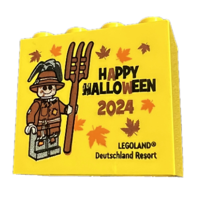 Brick 2 × 4 × 3 with 'LEGOLAND Deutschland Resort HAPPY HALLOWEEN 2024' Print Gelb