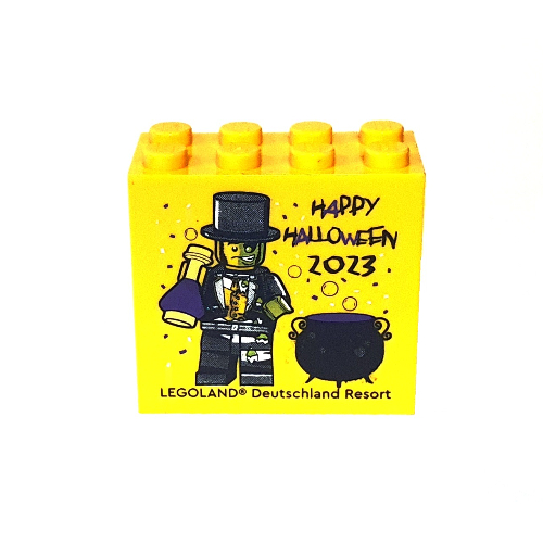 Brick 2 × 4 × 3 with 'LEGOLAND Deutschland Resort HAPPY HALLOWEEN 2023' Print Gelb