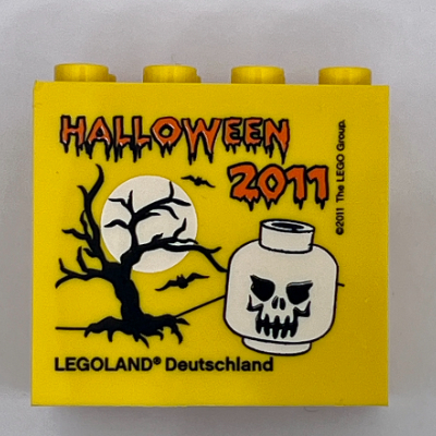 Brick 2 × 4 × 3 with 'LEGOLAND Deutschland HALLOWEEN 2011', Skull Print Yellow