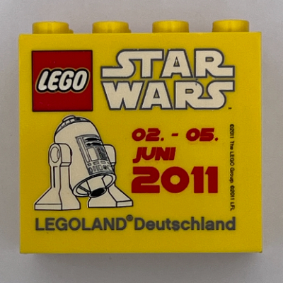 Brick 2 × 4 × 3 with 'LEGOLAND Deutschland STAR WARS 02. - 05. JUNI 2011', R2-D2 Print Gelb