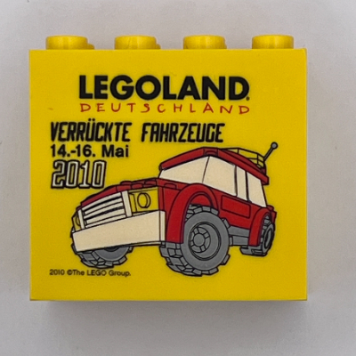 Brick 2 × 4 × 3 with 'LEGOLAND Deutschland Verrückte Fahrzeuge 14.-16. Mai 2010' Print Gelb