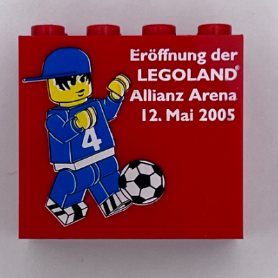 Brick 2 × 4 × 3 with 'Eröffnung der Legoland Allianz Arena 12. Mai 2005' Print Red