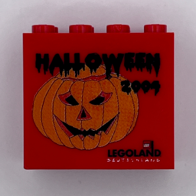 Brick 2 × 4 × 3 with 'LEGOLAND Deutschland HALLOWEEN 2004', Pumpkin Print Red