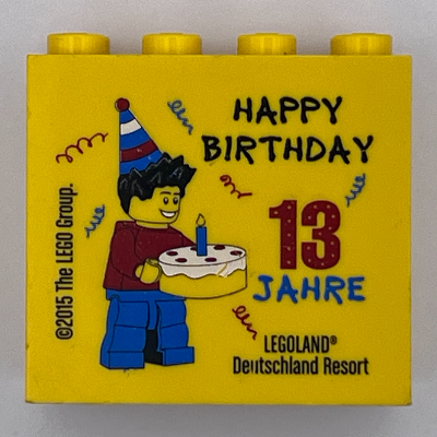 Brick 2 × 4 × 3 with 'LEGOLAND Deutschland Resort' and '13 Jahre Happy Birthday 2015' Print Yellow