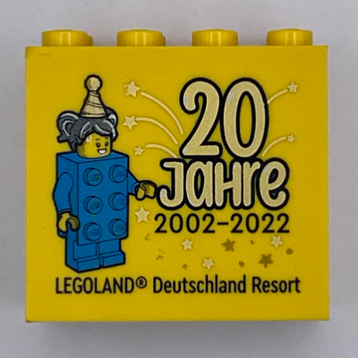 Brick 2 × 4 × 3 with 'LEGOLAND Deutschland Resort 20 JAHRE 2002 - 2022' Blue Brick Figure Print Yellow