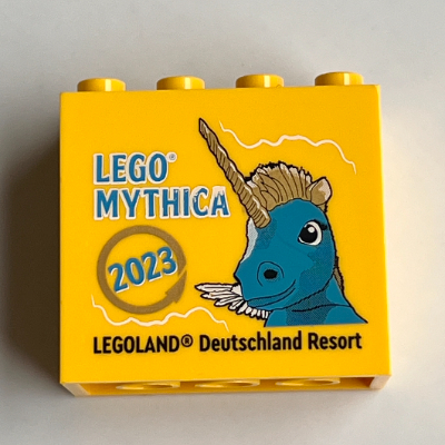 Brick 2 × 4 × 3 with 'LEGOLAND Deutschland Resort 2023 LEGO Mythica' Print Yellow