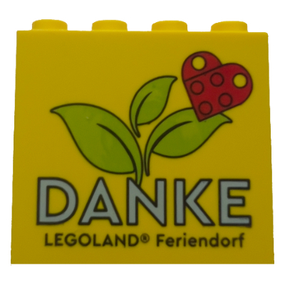 Brick 2 × 4 × 3 with 'DANKE LEGOLAND Feriendorf', Heart and Leaves Print Gelb
