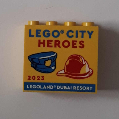 Brick 2 × 4 × 3 with 'LEGOLAND DUBAI RESORT LEGO CITY HEROES 2023' Print Yellow