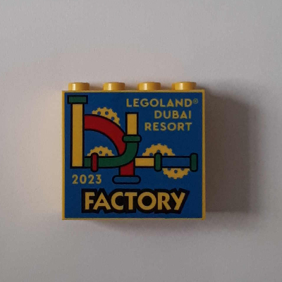 Brick 2 × 4 × 3 with 'LEGOLAND DUBAI RESORT 2023 FACTORY' Print Yellow