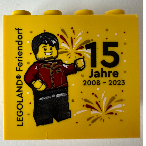 Brick 2 × 4 × 3 with 'LEGOLAND Feriendorf 15 Jahre 2008 - 2023' print Yellow