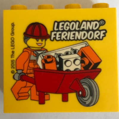 Brick 2 × 4 × 3 with 'LEGOLAND FERIENDORF', Wheelbarrow Print Yellow