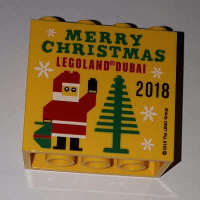 Brick 2 × 4 × 3 with 'LEGOLAND DUBAI MERRY CHRISTMAS 2018' Print Yellow