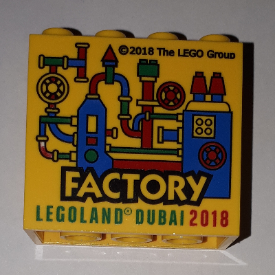 Stein 2 × 4 × 3 mit 'LEGOLAND DUBAI FACTORY 2018' Druck Gelb