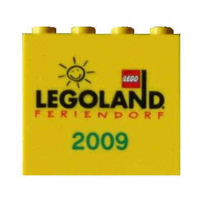 Stein 2 × 4 × 3 mit 'LEGOLAND FERIENDORF 2009' Druck Gelb