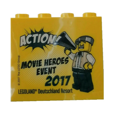 Brick 2 × 4 × 3 with 'LEGOLAND Deutschland Resort ACTION! MOVIE HEROES EVENT 2017' Print Gelb